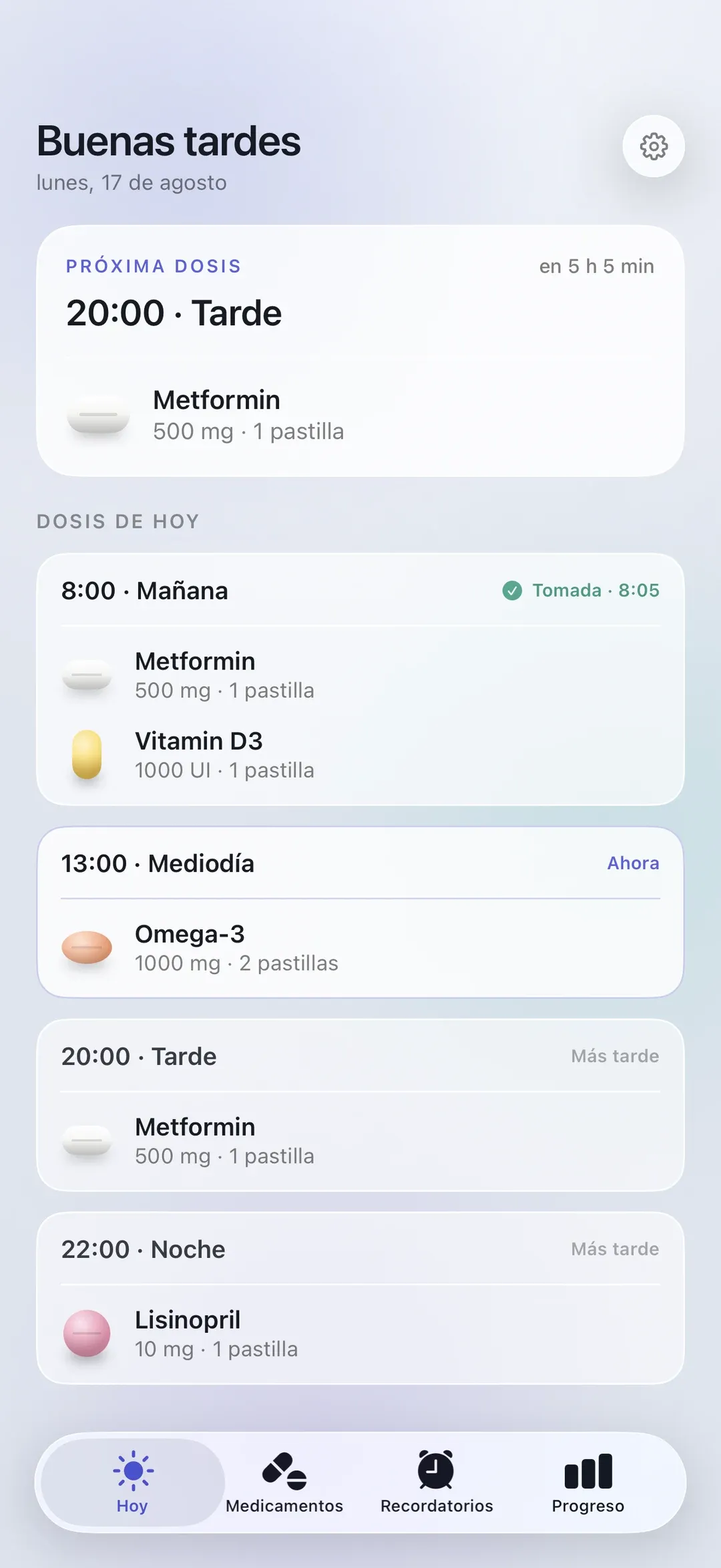 The PillSeal Today screen on iPhone, showing the next dose and the full schedule for the day.