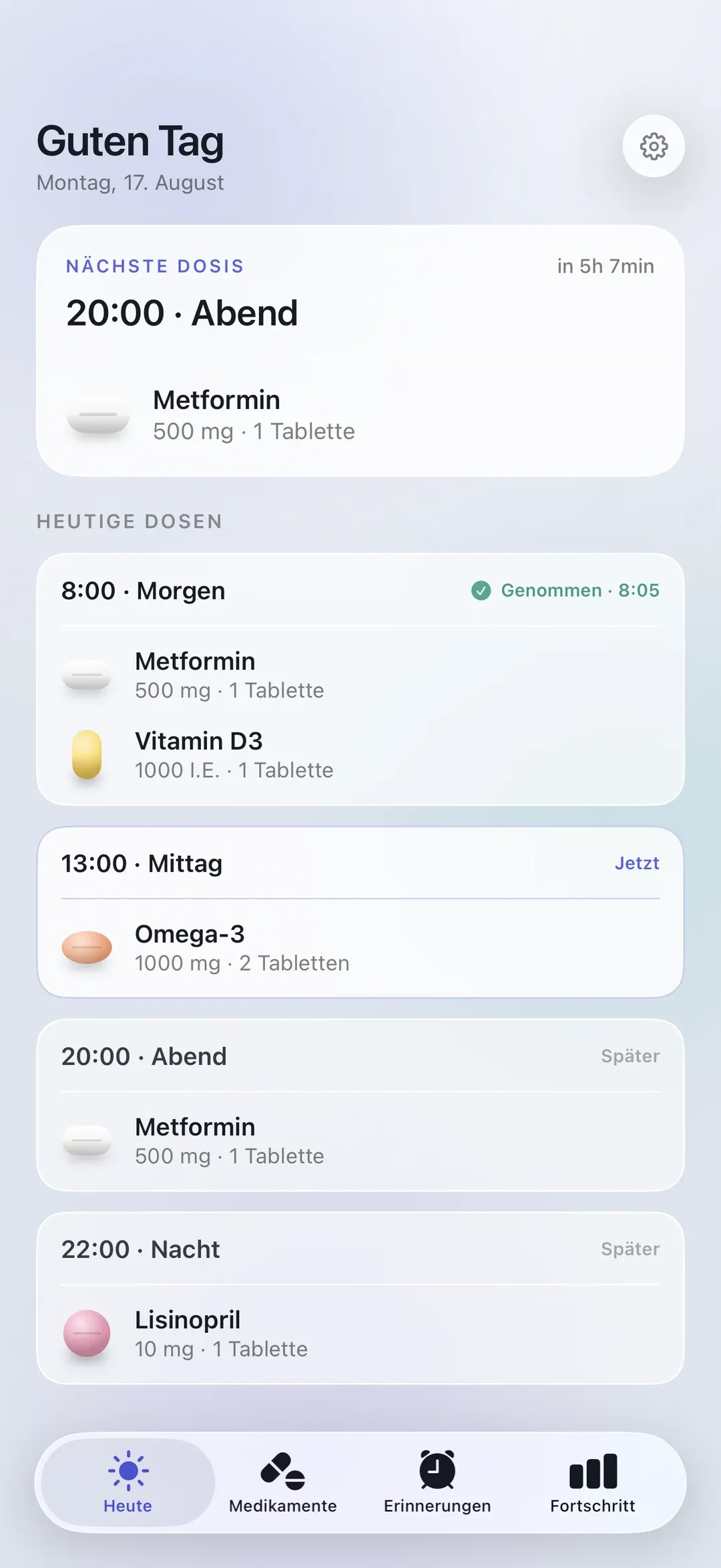 The PillSeal Today screen on iPhone, showing the next dose and the full schedule for the day.