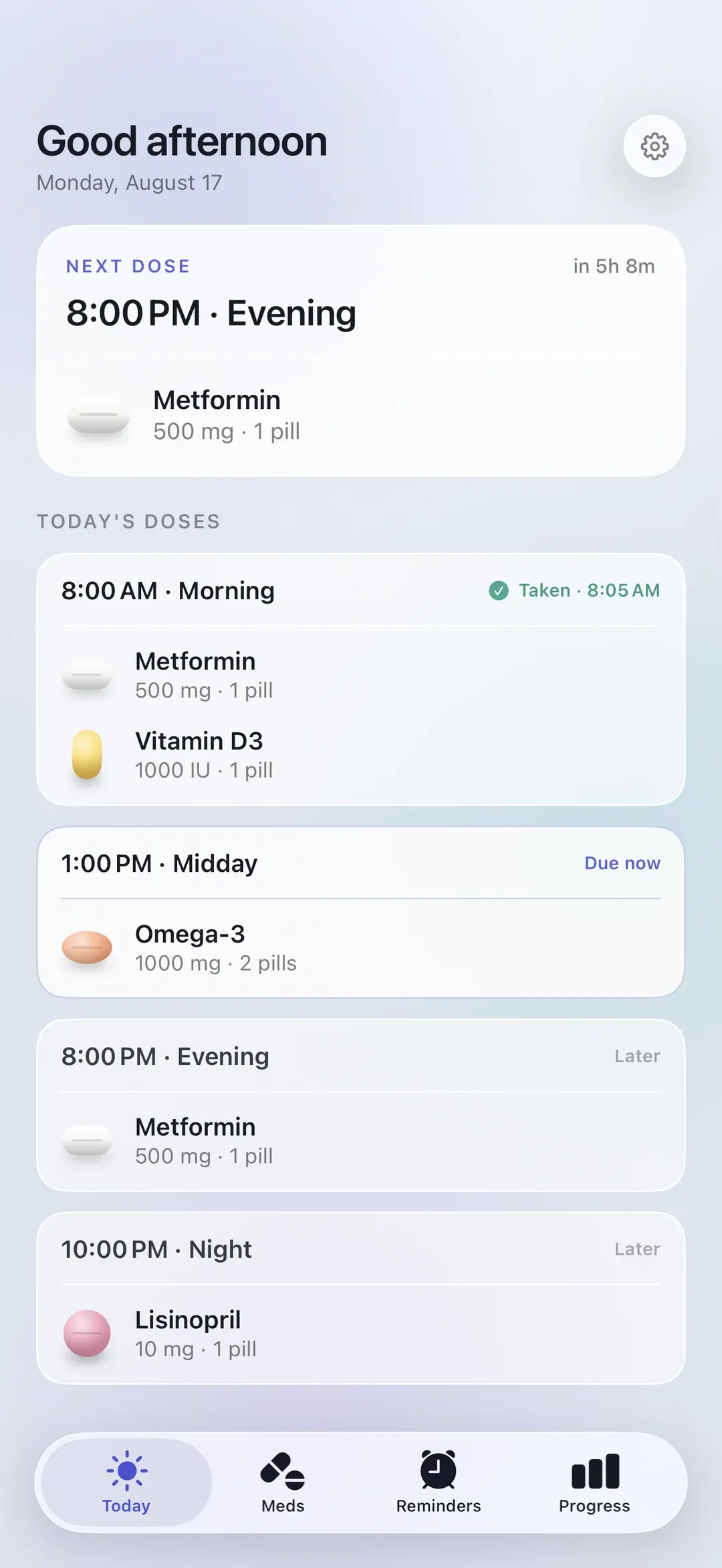 The PillSeal Today screen on iPhone, showing the next dose and the full schedule for the day.