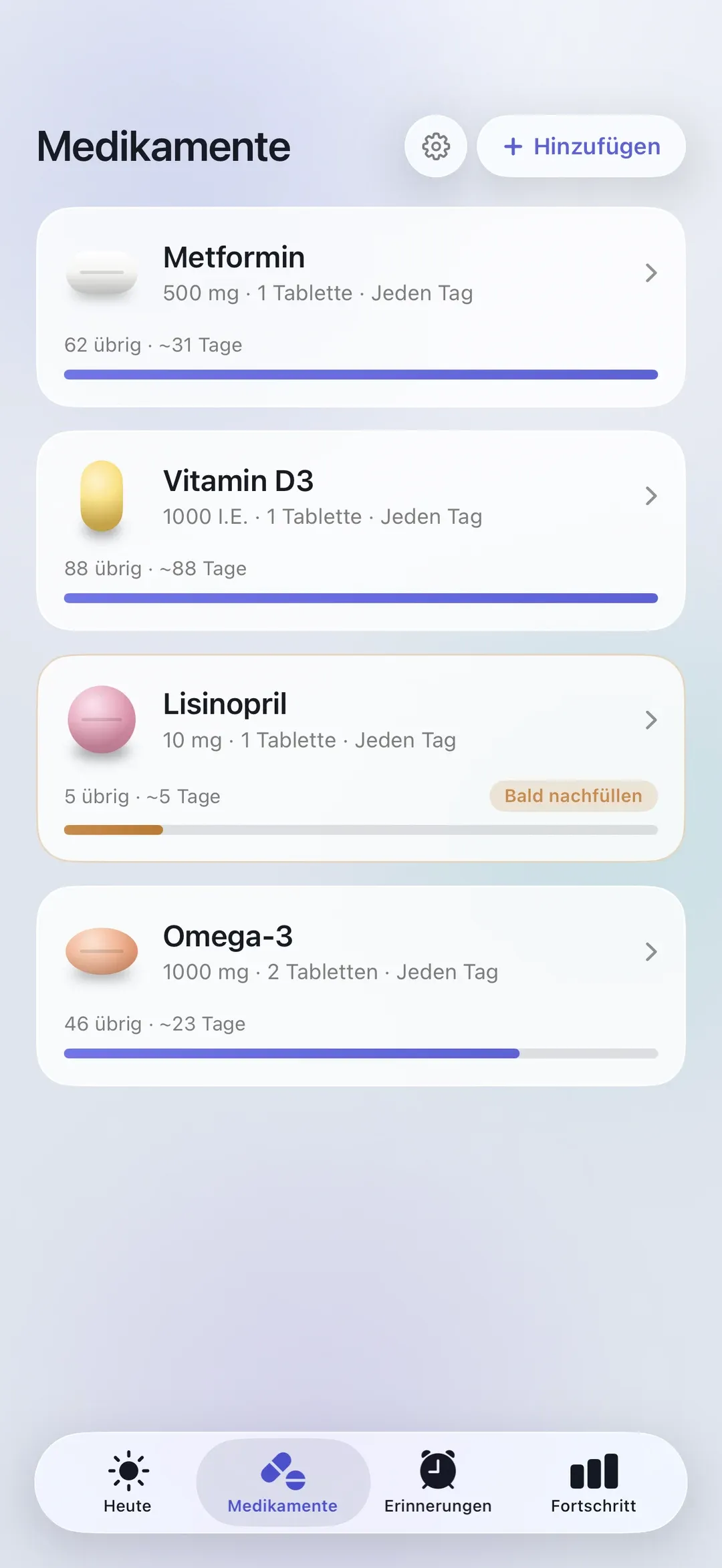 The PillSeal medications list, showing each medication's remaining supply.