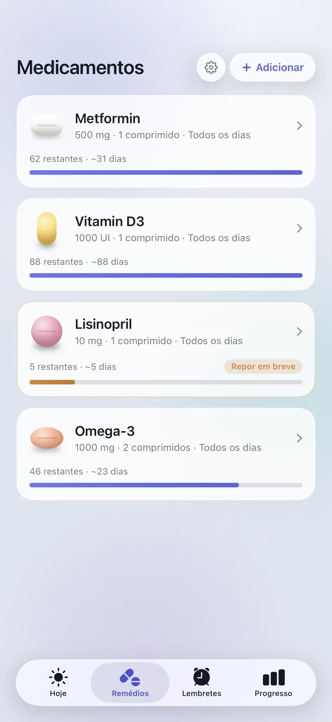 The PillSeal medications list, showing each medication's remaining supply.