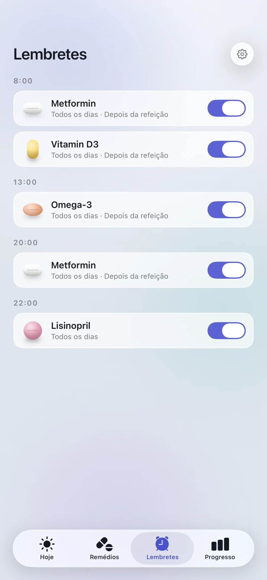 The PillSeal Reminders screen, showing the dose reminders built automatically from a medication's schedule.