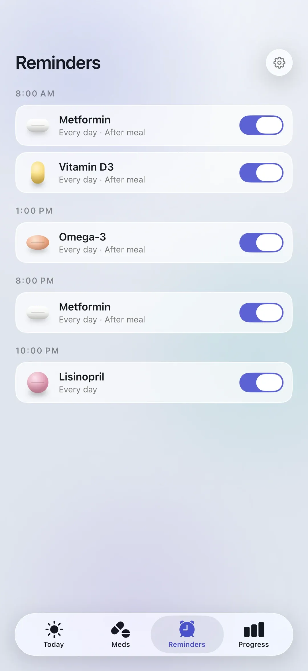 The PillSeal Reminders screen, showing the dose reminders built automatically from a medication's schedule.