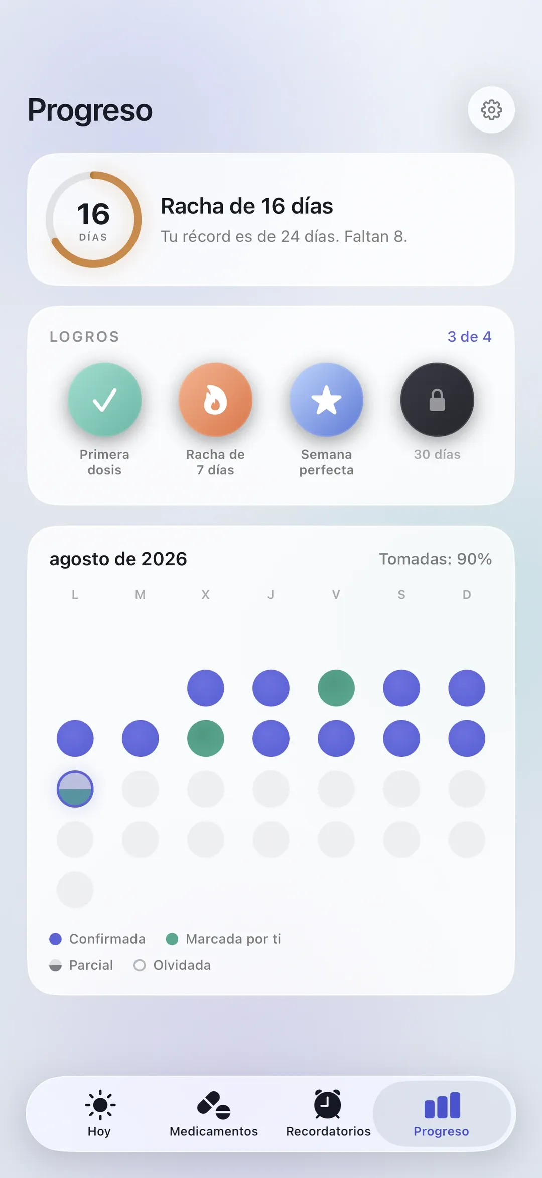 The PillSeal Progress screen, showing an adherence streak and monthly history.