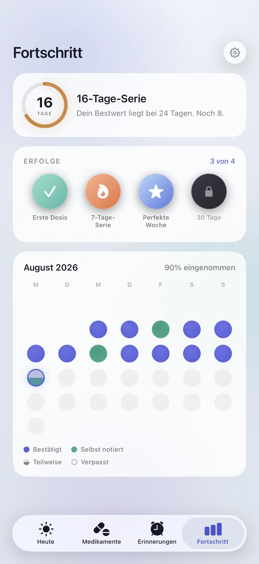 The PillSeal Progress screen, showing an adherence streak and monthly history.