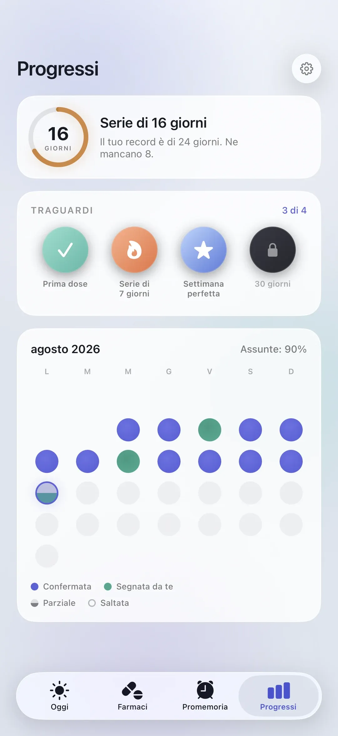 The PillSeal Progress screen, showing an adherence streak and monthly history.