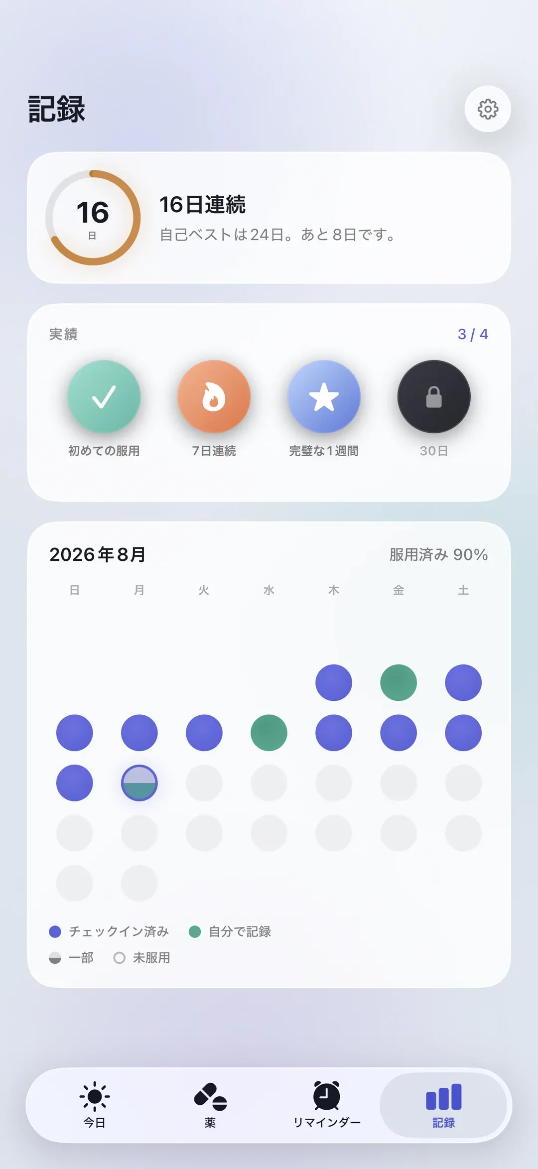The PillSeal Progress screen, showing an adherence streak and monthly history.
