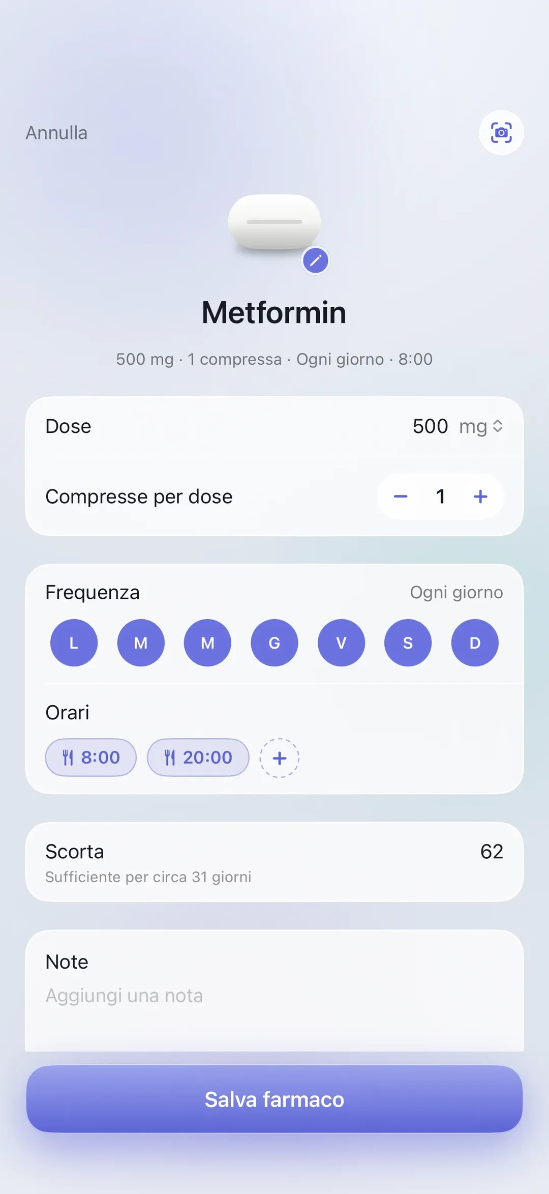 The PillSeal medication editor on iPhone, showing dose, pills per dose, frequency, times and supply.