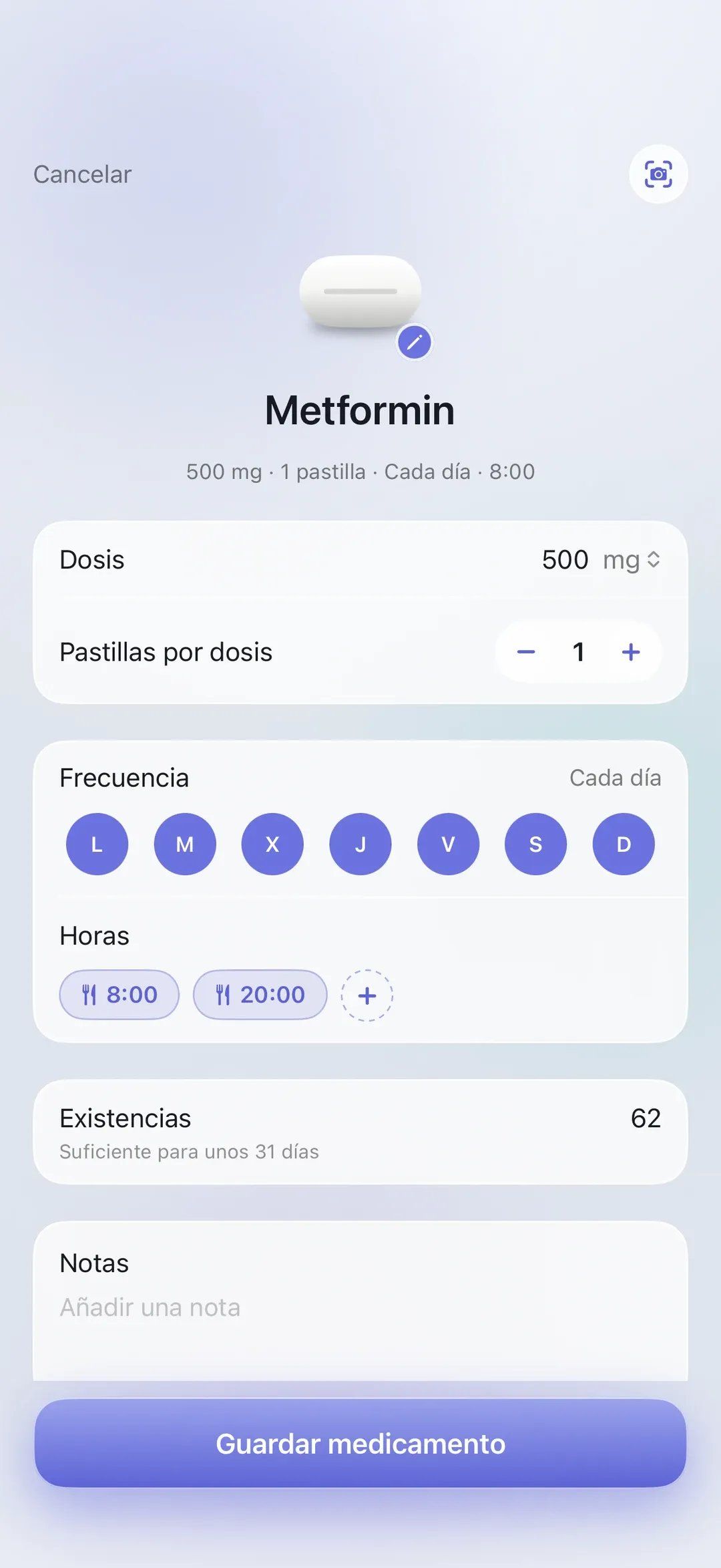 The PillSeal medication editor on iPhone, showing dose, pills per dose, frequency, times and supply.