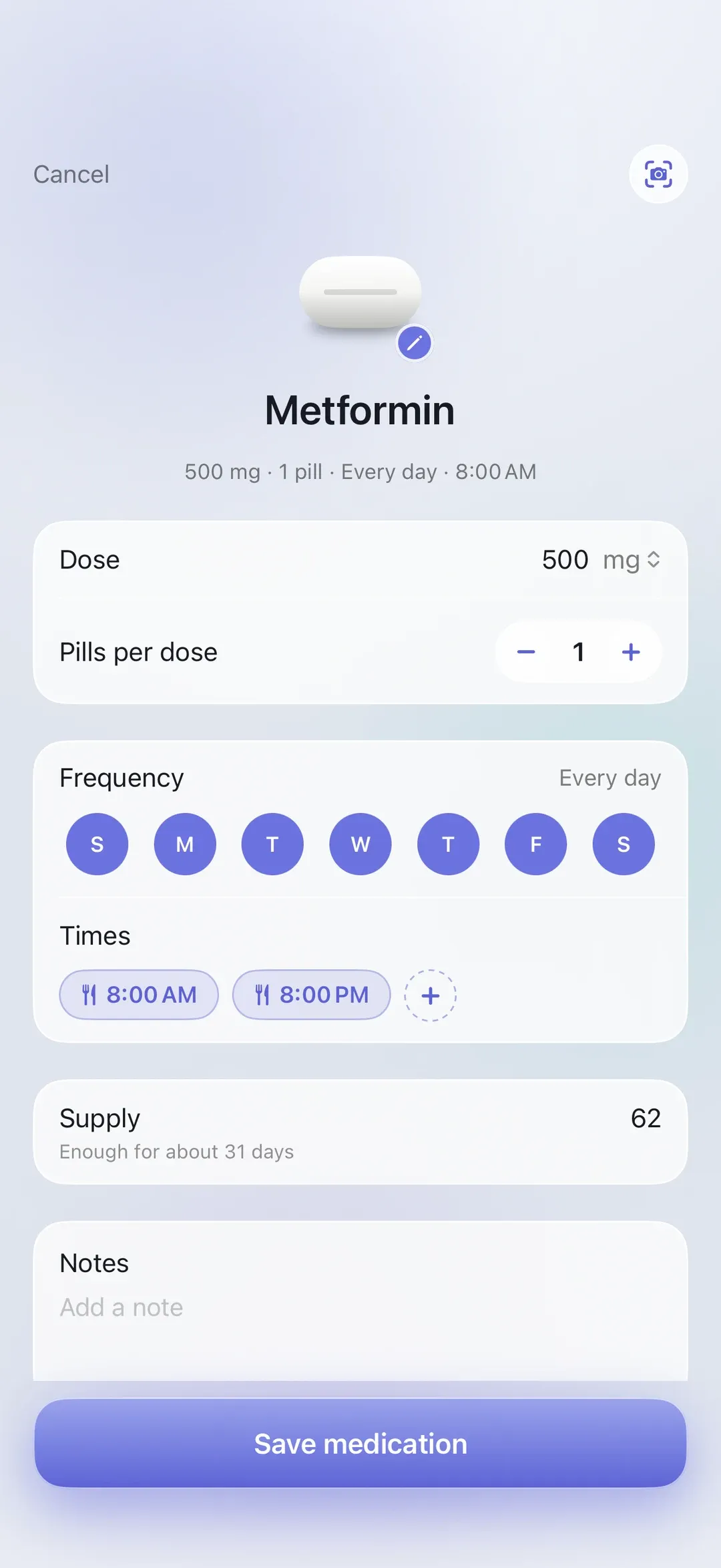 The PillSeal medication editor on iPhone, showing dose, pills per dose, frequency, times and supply.