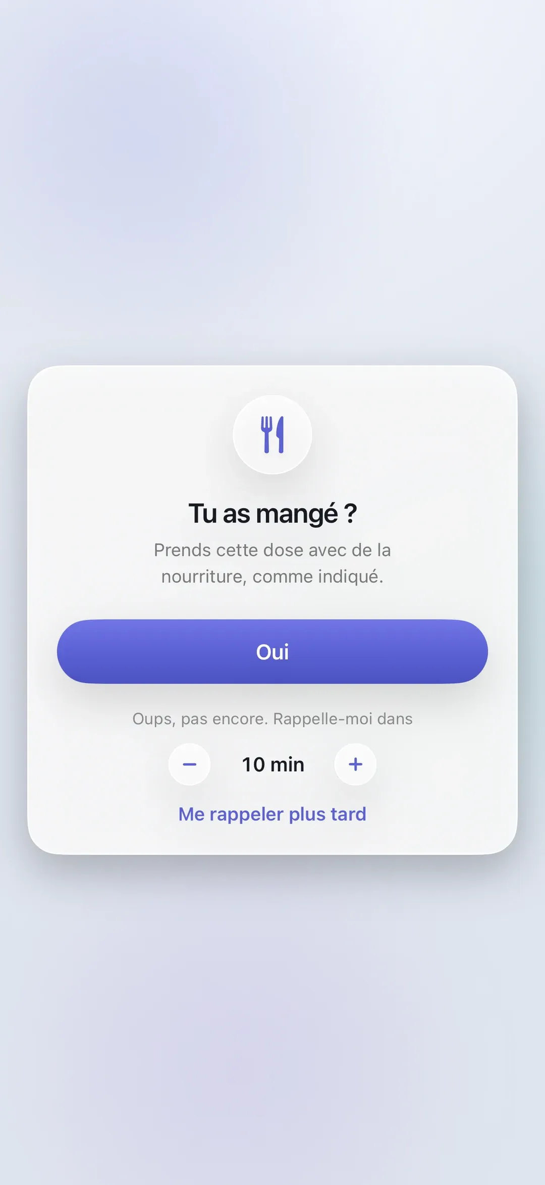 The PillSeal meal check, asking whether you have eaten before a dose.