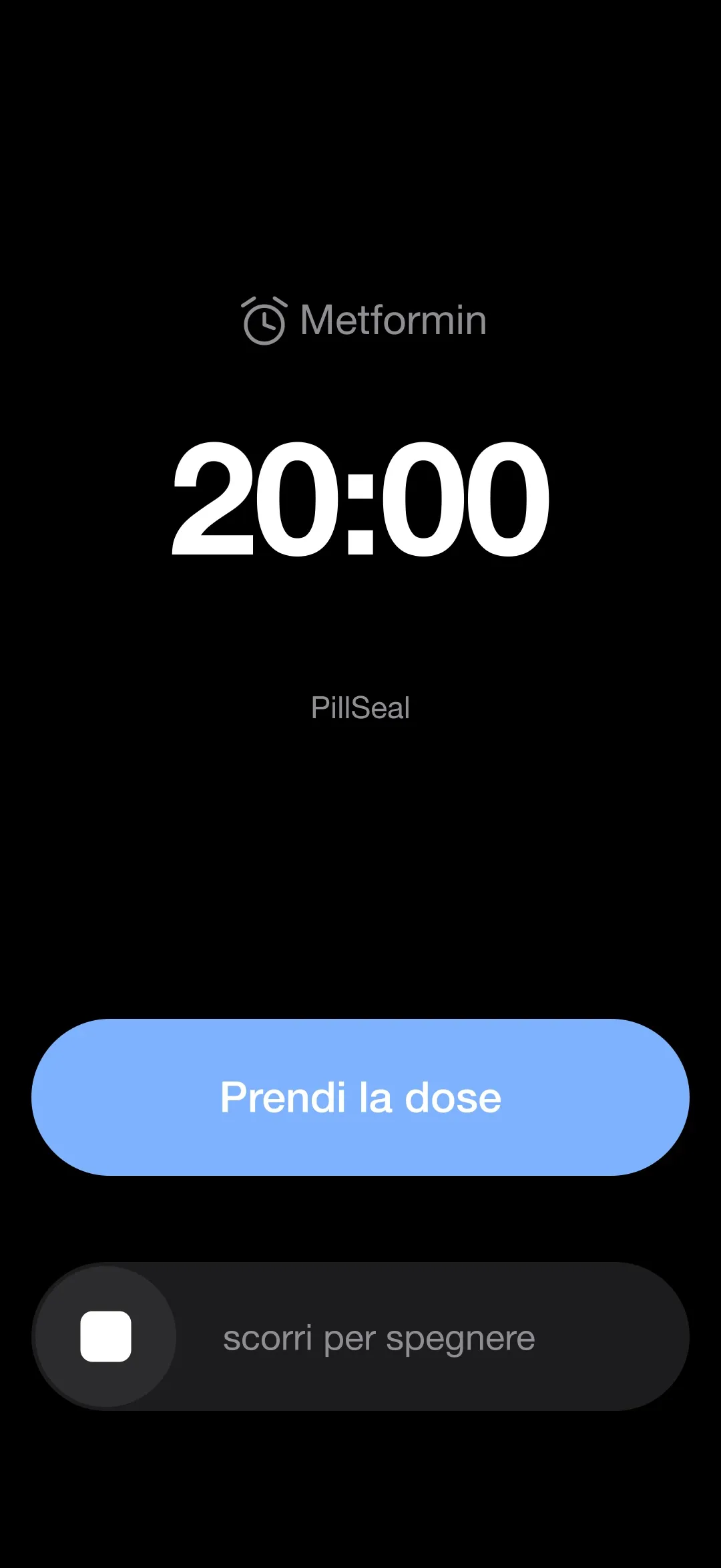The PillSeal dose alarm ringing on the iPhone lock screen, with a Take the dose button and slide to stop.