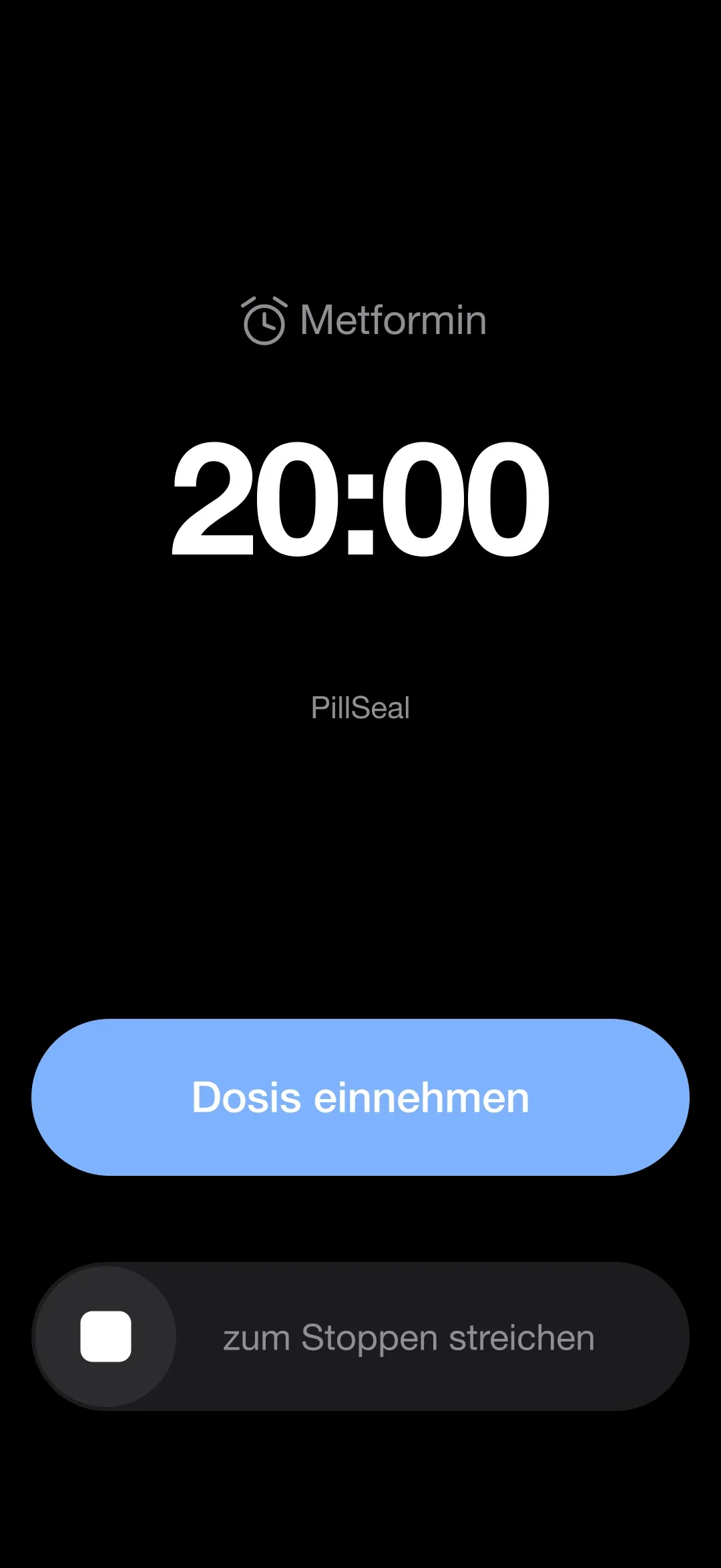 The PillSeal dose alarm ringing on the iPhone lock screen, with a Take the dose button and slide to stop.